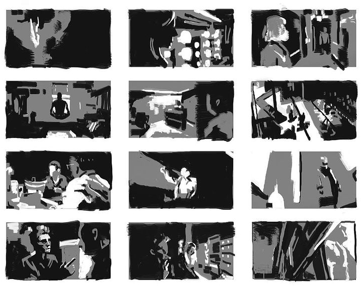 a series of 12 rectangular black and white digitally painted thumbnails, based off of the movie Birdman